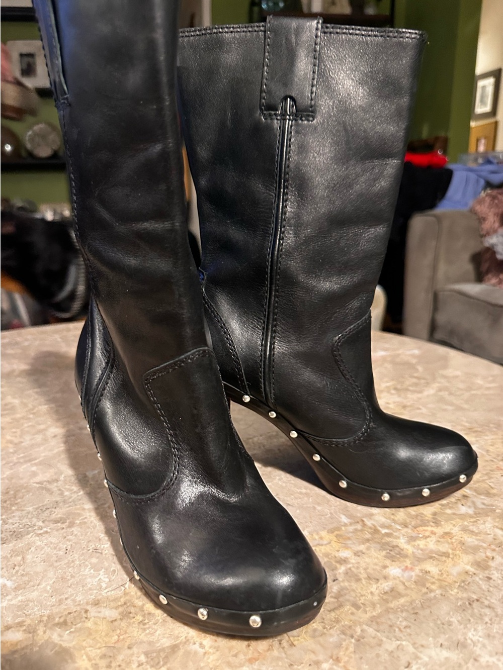 Michael Kors - Black Leather Studded Mid-Calf Boots with Stacked Heel